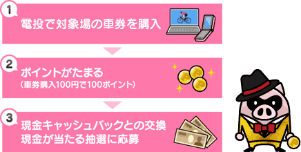 1.電投で高知競輪・青森競輪の車券を購入 2.ポイントがたまる(車券購入100円で100ポイント) 3.現金キャッシュバックとの交換、献金が当たる抽選に応募