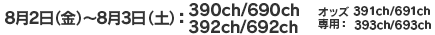 8月2日(金)8月3日(土) 390ch/690ch 392ch/692ch オッズ専用391ch/691ch 393ch/693ch