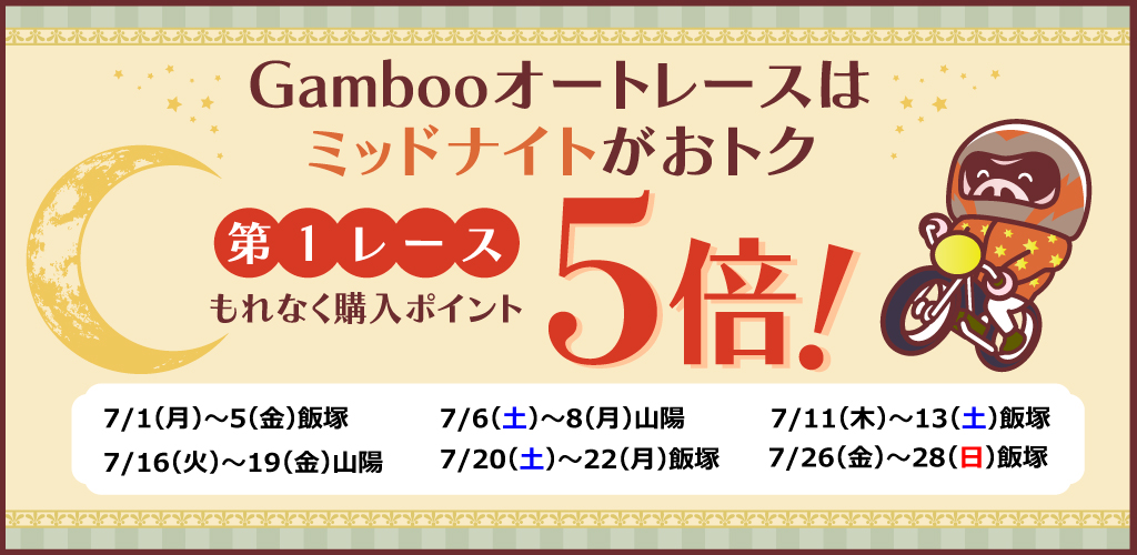 ミッドナイトオートレース第1Rもれなく購入ポイント5倍！(7月)