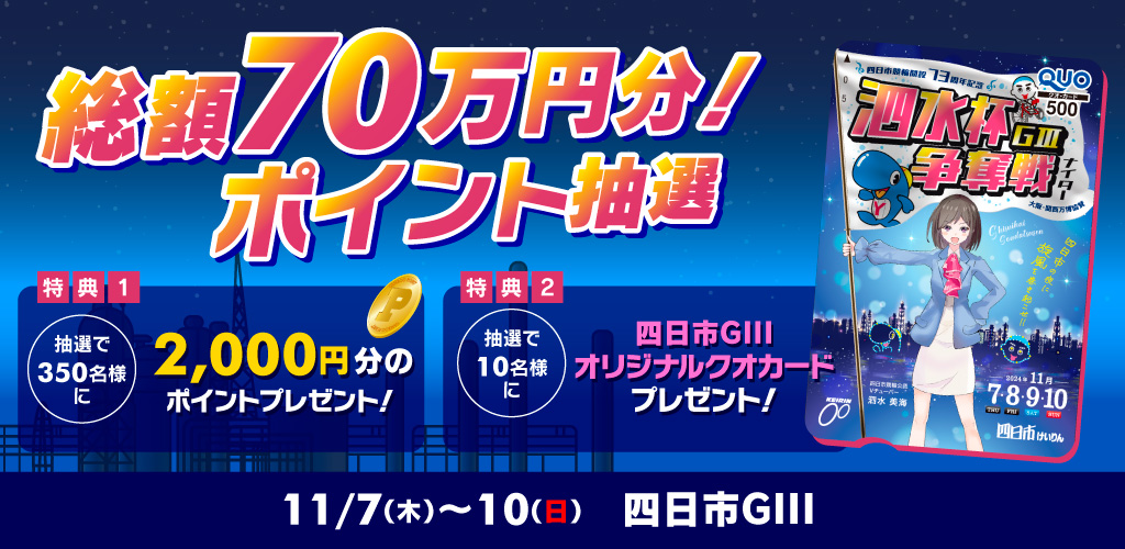 【四日市GIII】総額70万円分ポイント抽選