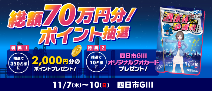 【四日市GIII】総額70万円分ポイント抽選