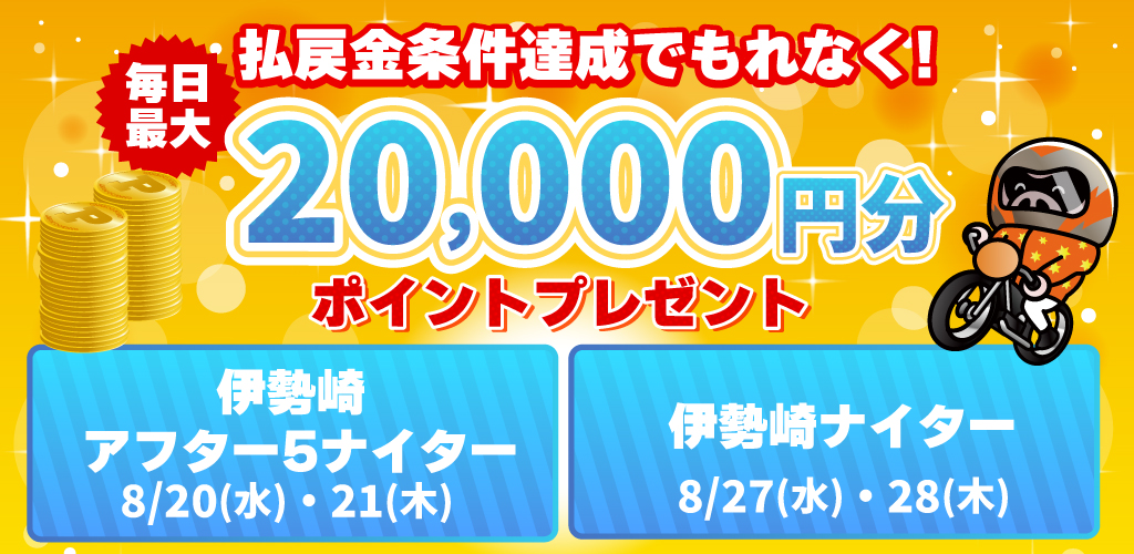 伊勢崎オート単独開催の日は払戻金条件達成で毎日最大20,000円分のポイントプレゼント
