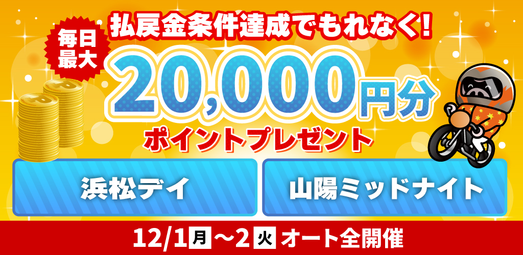 払戻金条件達成で毎日最大20,000円分のポイントプレゼント(12/1～2)
